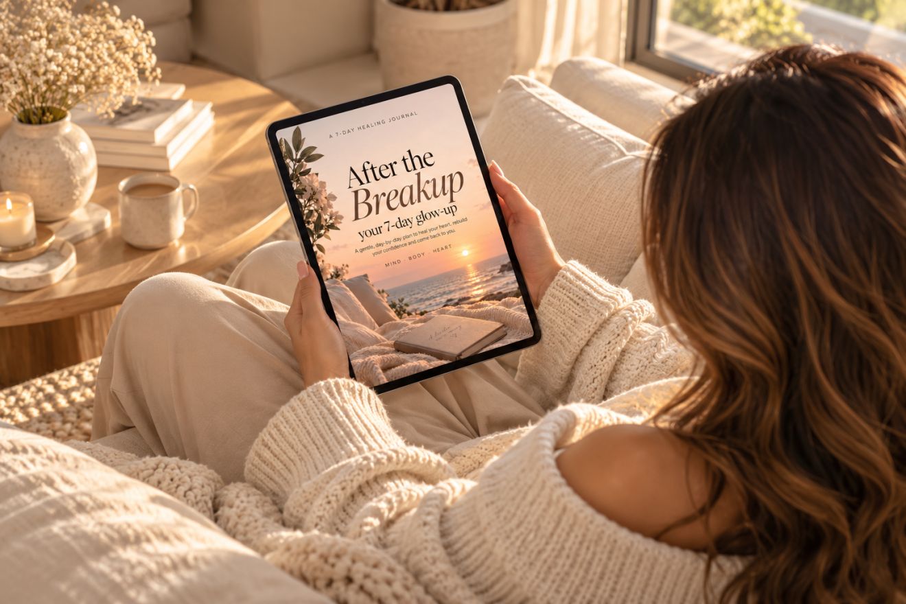 Woman relaxing on a cream sofa reading a LIVVORA healing journal on a tablet